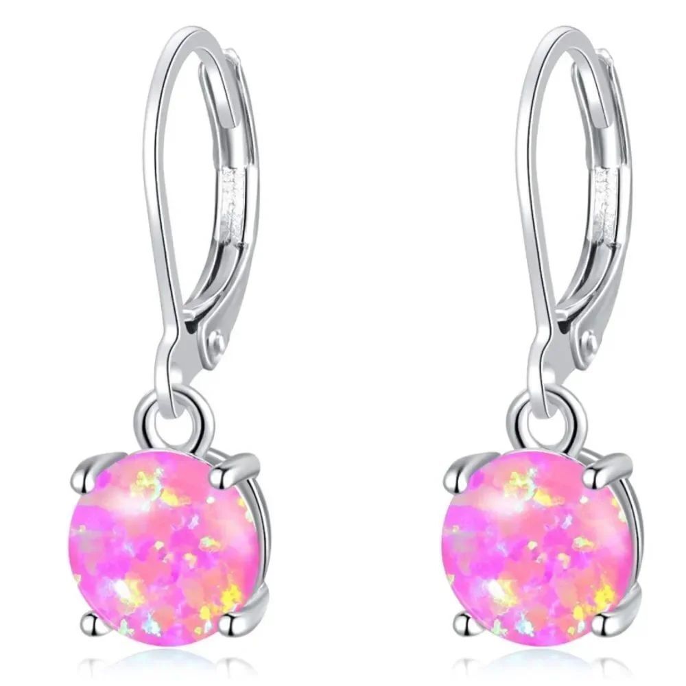 14K White Gold with Round Genuine Pink Purple Fire Opal Leverback Drop Earrings
